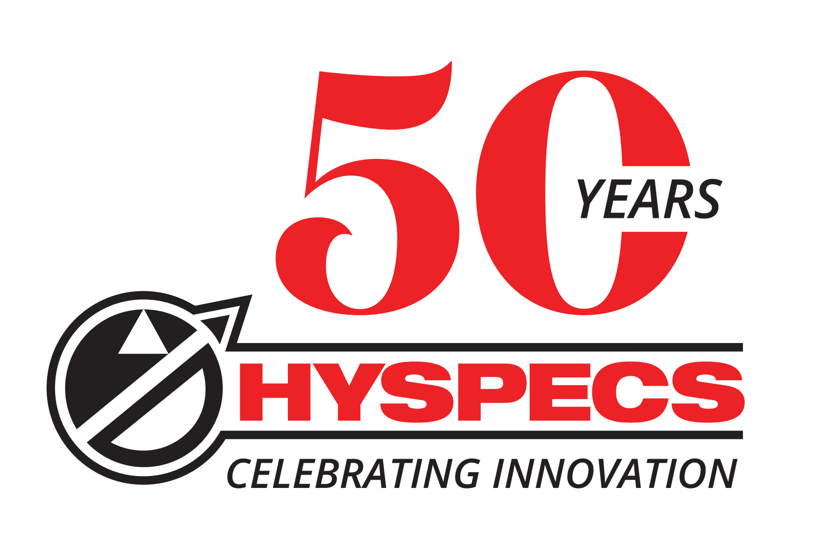 A logo celebrating 50 years of HySpecs with text and a circular icon with a slash through it, and the words 'Celebrating Innovation' underneath.